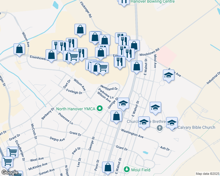 map of restaurants, bars, coffee shops, grocery stores, and more near 443 Parkview Lane in Hanover
