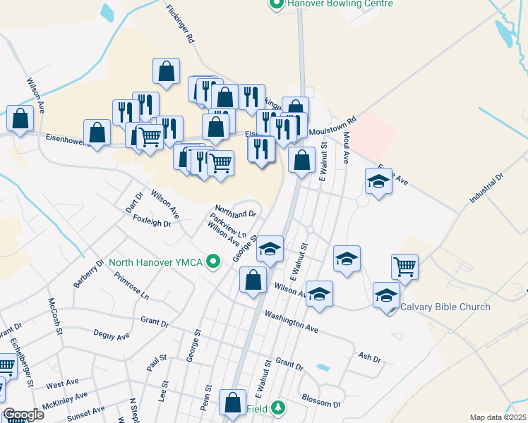 map of restaurants, bars, coffee shops, grocery stores, and more near 503 Parkview Lane in Hanover
