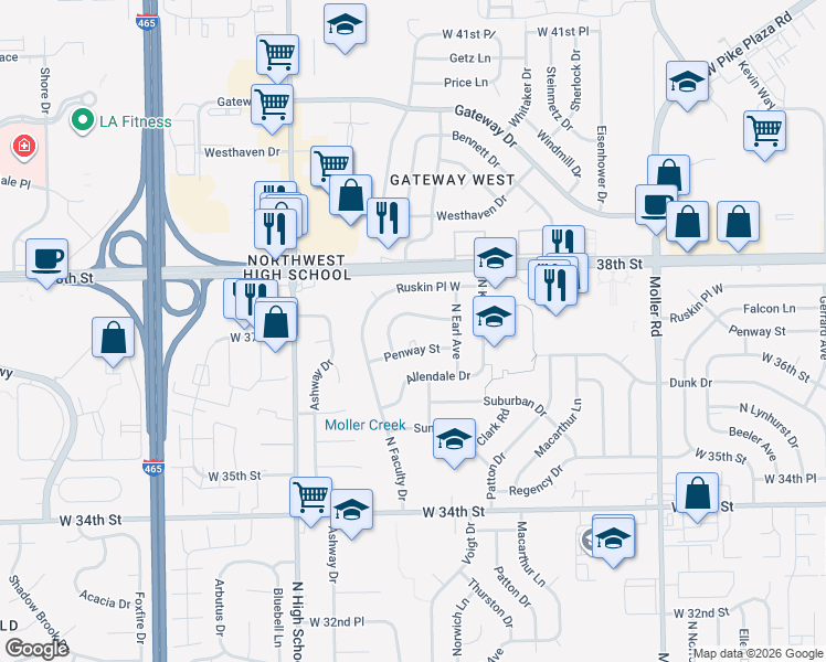 map of restaurants, bars, coffee shops, grocery stores, and more near 5927 Falcon Lane in Indianapolis