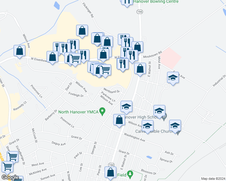 map of restaurants, bars, coffee shops, grocery stores, and more near 505 Parkview Lane in Hanover