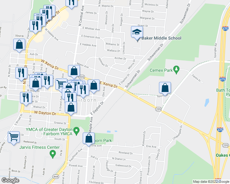 map of restaurants, bars, coffee shops, grocery stores, and more near 330 East Dayton Drive in Fairborn