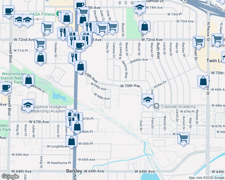 map of restaurants, bars, coffee shops, grocery stores, and more near 6896 Canosa Street in Denver