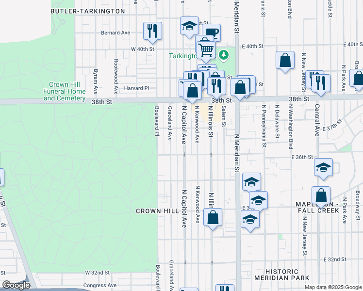 map of restaurants, bars, coffee shops, grocery stores, and more near 3631 North Capitol Avenue in Indianapolis