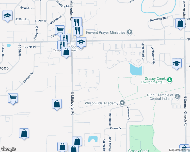 map of restaurants, bars, coffee shops, grocery stores, and more near 10239 John Marshall Drive in Indianapolis