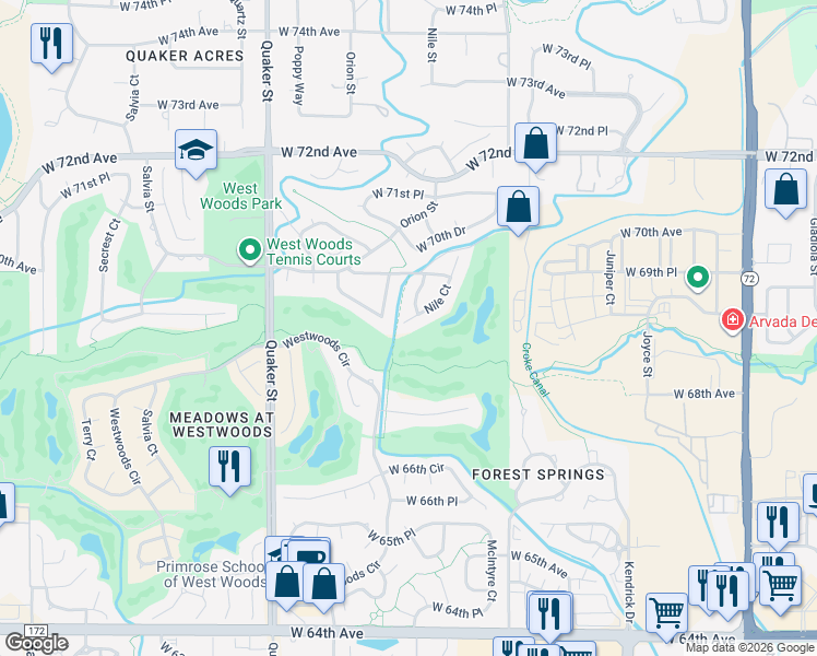 map of restaurants, bars, coffee shops, grocery stores, and more near 6944 Nile Court in Arvada