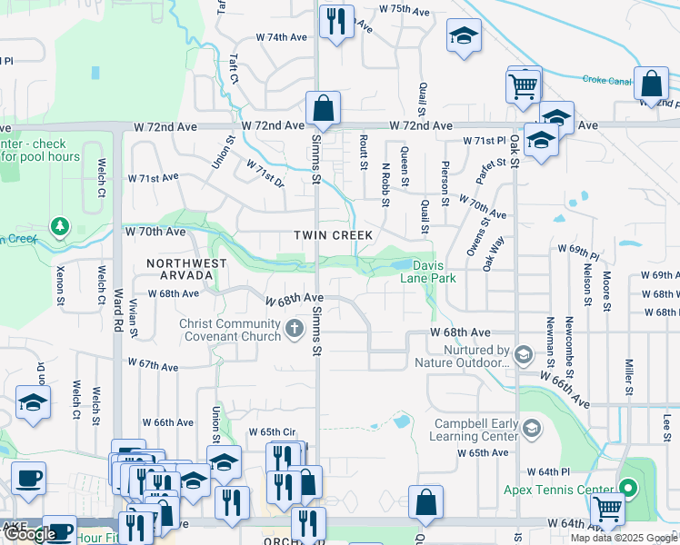 map of restaurants, bars, coffee shops, grocery stores, and more near 11491 West 69th Way in Arvada