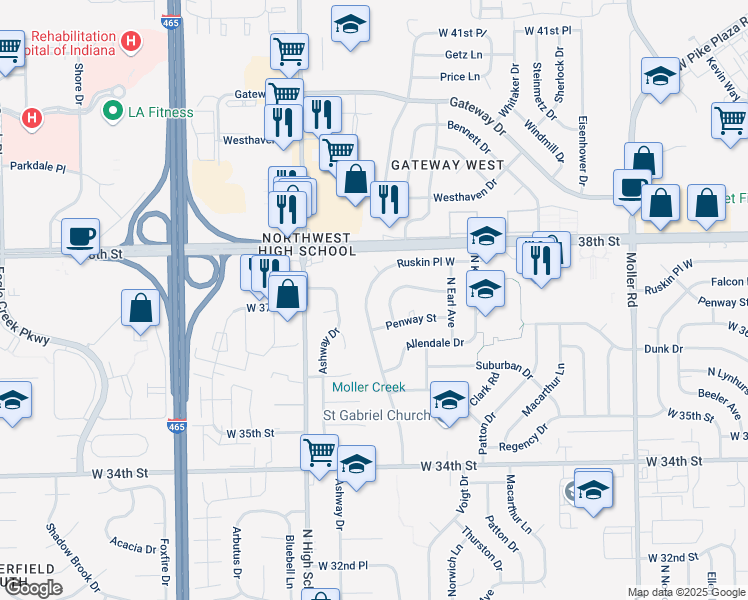 map of restaurants, bars, coffee shops, grocery stores, and more near 3708 North Faculty Drive in Indianapolis