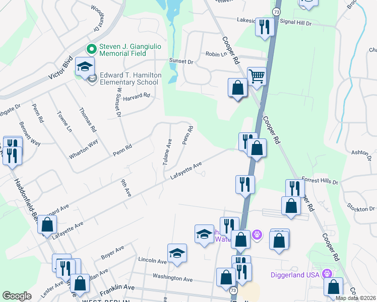 map of restaurants, bars, coffee shops, grocery stores, and more near 59 Penn Road in Voorhees Township
