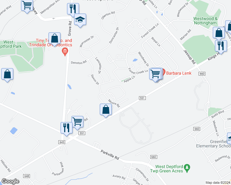 map of restaurants, bars, coffee shops, grocery stores, and more near 15 Highbridge Lane in West Deptford