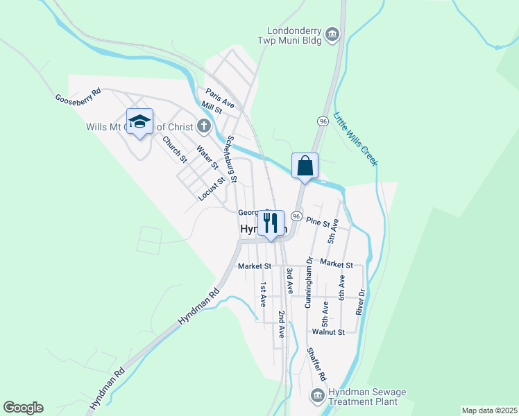 map of restaurants, bars, coffee shops, grocery stores, and more near 192 Clarence Street in Hyndman