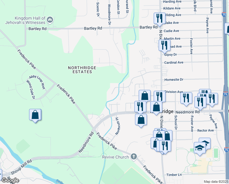 map of restaurants, bars, coffee shops, grocery stores, and more near 1842 Palisades Drive in Dayton