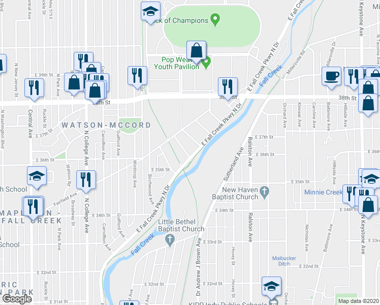 map of restaurants, bars, coffee shops, grocery stores, and more near 3620 East Fall Creek Parkway North Drive in Indianapolis