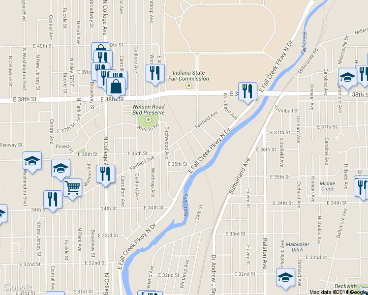map of restaurants, bars, coffee shops, grocery stores, and more near 3540 Balsam Avenue in Indianapolis