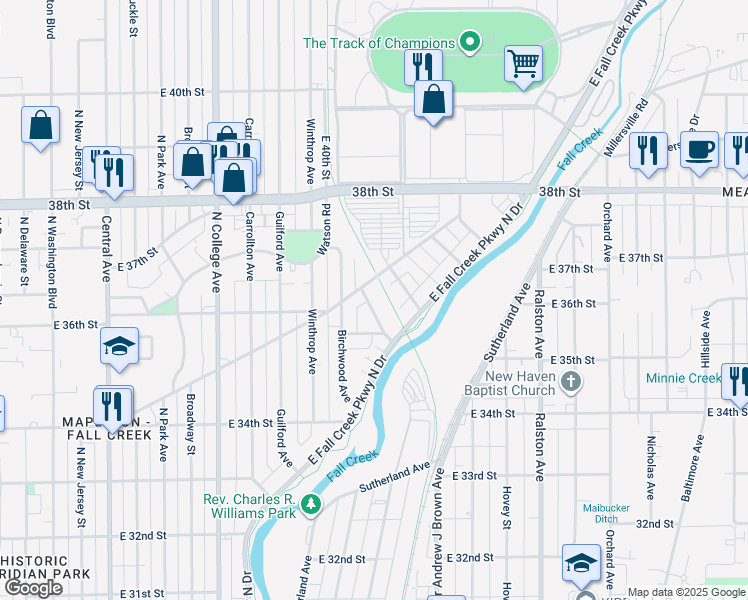 map of restaurants, bars, coffee shops, grocery stores, and more near 1135 Fairfield Avenue in Indianapolis