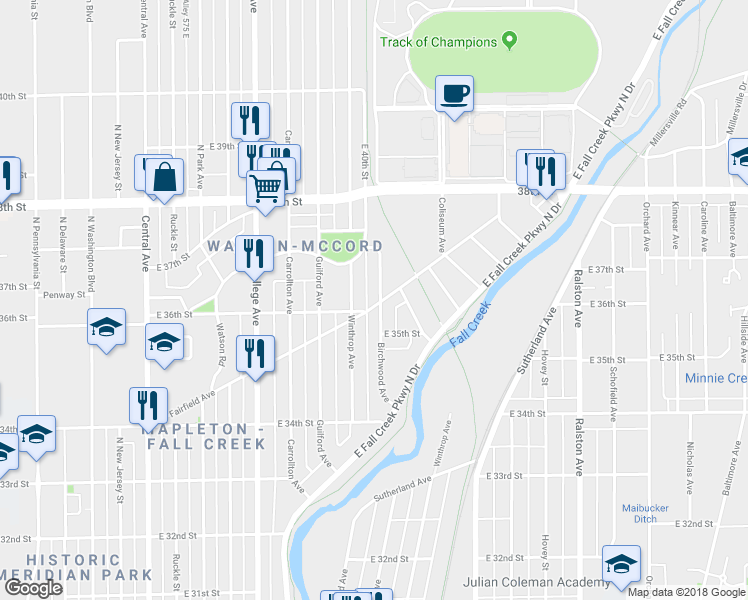 map of restaurants, bars, coffee shops, grocery stores, and more near 3621 Winthrop Avenue in Indianapolis