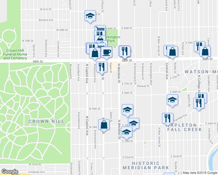 map of restaurants, bars, coffee shops, grocery stores, and more near 3628 Salem Street in Indianapolis