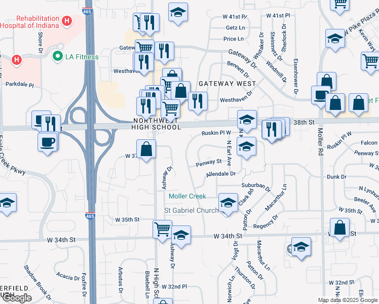 map of restaurants, bars, coffee shops, grocery stores, and more near 3708 North Faculty Drive in Indianapolis
