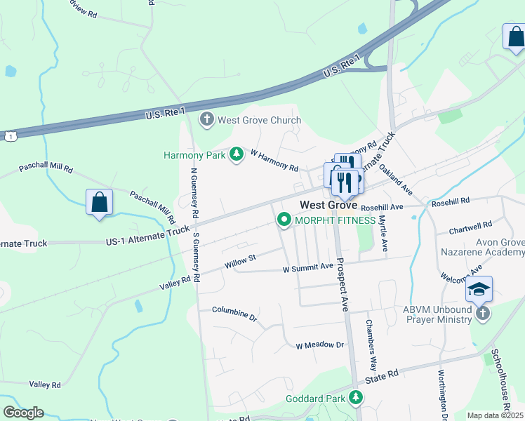 map of restaurants, bars, coffee shops, grocery stores, and more near 210 West Evergreen Street in West Grove