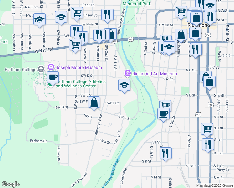 map of restaurants, bars, coffee shops, grocery stores, and more near 2 Southwest E Street in Richmond