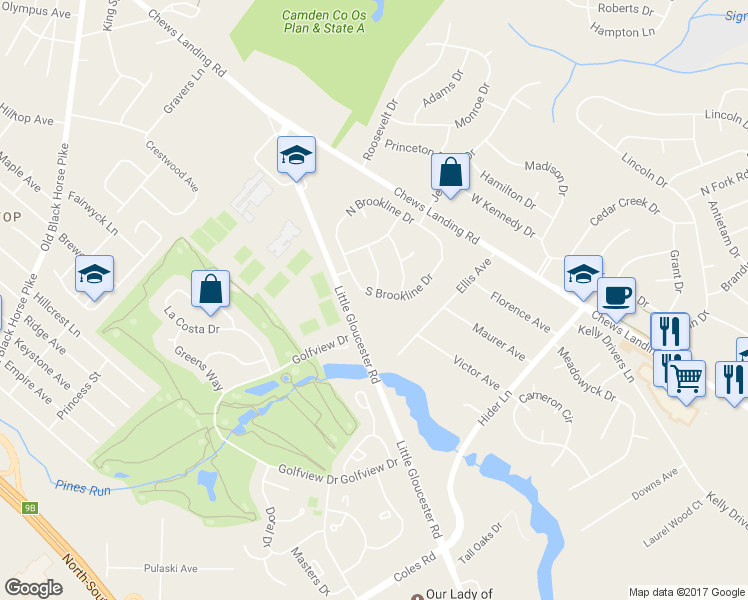 map of restaurants, bars, coffee shops, grocery stores, and more near 61 South Brookline Drive in Laurel Springs