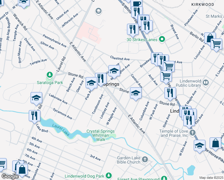 map of restaurants, bars, coffee shops, grocery stores, and more near 635 Stone Road in Laurel Springs
