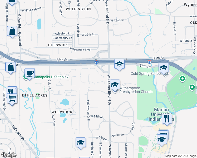 map of restaurants, bars, coffee shops, grocery stores, and more near 3120 Nobscot Drive in Indianapolis