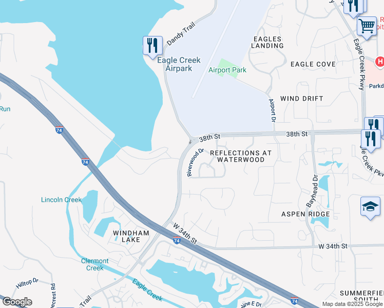 map of restaurants, bars, coffee shops, grocery stores, and more near 3750 Riverwood Drive in Indianapolis