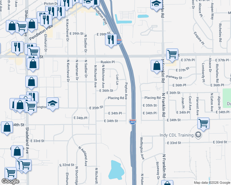 map of restaurants, bars, coffee shops, grocery stores, and more near 7607 East 36th Street in Indianapolis