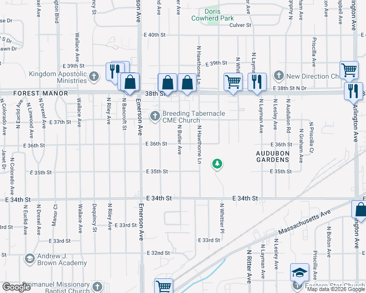 map of restaurants, bars, coffee shops, grocery stores, and more near 3551 North Butler Avenue in Indianapolis