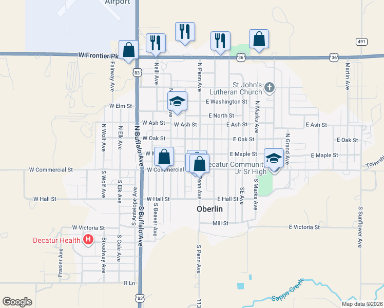 map of restaurants, bars, coffee shops, grocery stores, and more near 153 West Maple Street in Oberlin