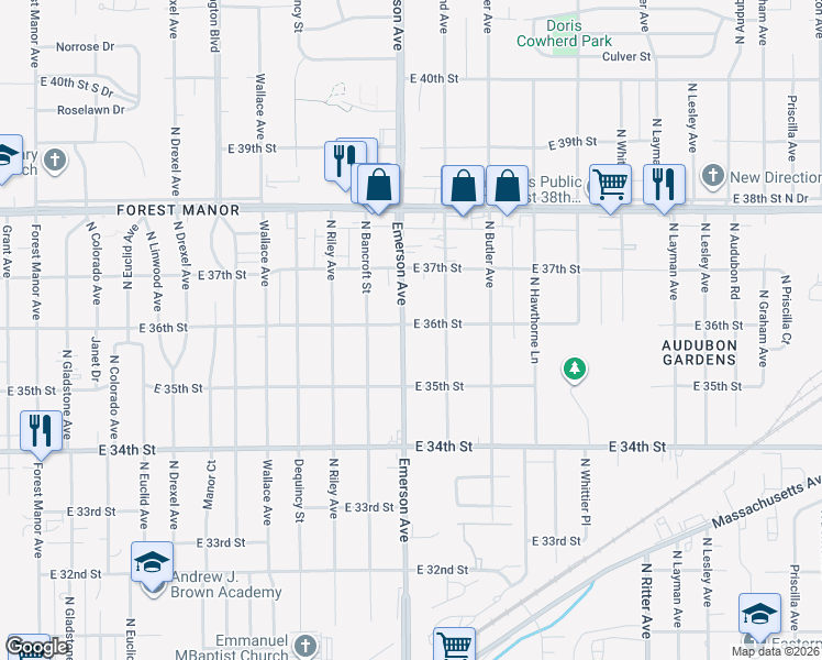 map of restaurants, bars, coffee shops, grocery stores, and more near 3555 North Emerson Avenue in Indianapolis