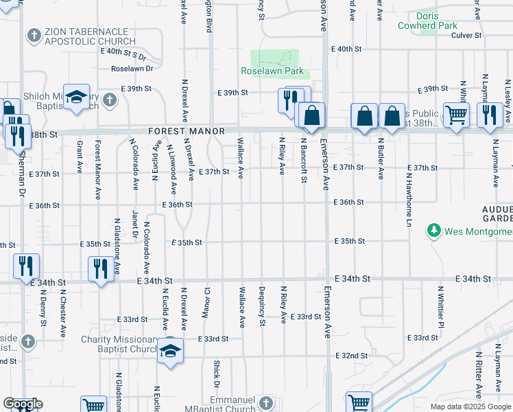 map of restaurants, bars, coffee shops, grocery stores, and more near 3570 Dequincy Street in Indianapolis