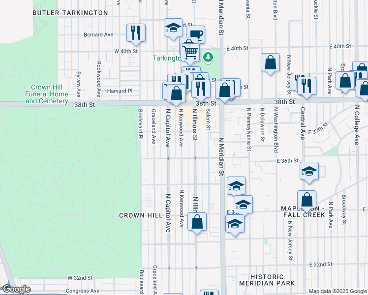 map of restaurants, bars, coffee shops, grocery stores, and more near 3629 North Kenwood Avenue in Indianapolis