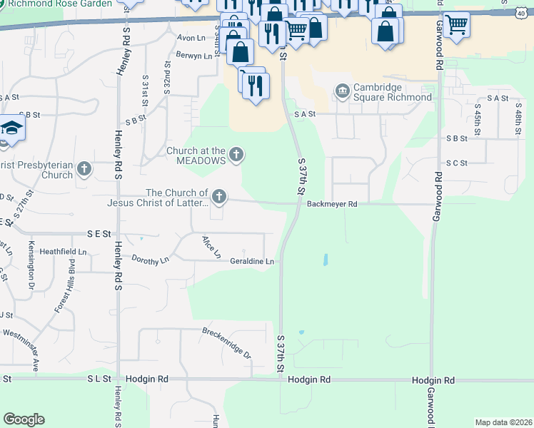 map of restaurants, bars, coffee shops, grocery stores, and more near 3601 Backmeyer Road in Richmond