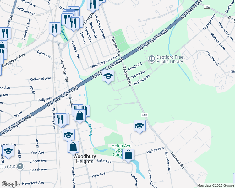 map of restaurants, bars, coffee shops, grocery stores, and more near 745 Quail Place in Deptford