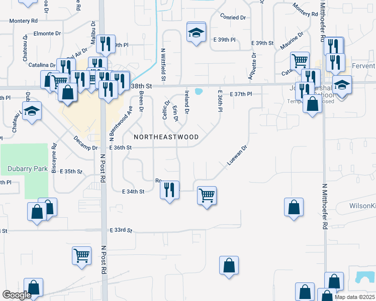map of restaurants, bars, coffee shops, grocery stores, and more near 9335 East 36th Street in Indianapolis