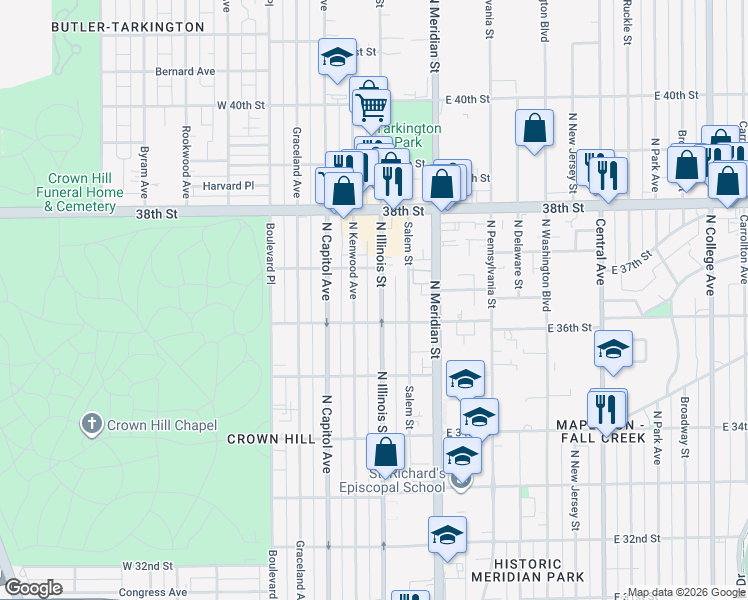 map of restaurants, bars, coffee shops, grocery stores, and more near 3629 North Kenwood Avenue in Indianapolis