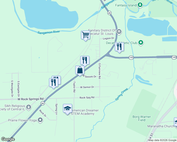 map of restaurants, bars, coffee shops, grocery stores, and more near 1660 South Taylorville Road in Decatur