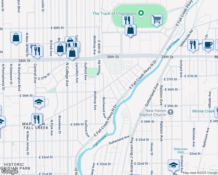 map of restaurants, bars, coffee shops, grocery stores, and more near 1135 Fairfield Avenue in Indianapolis