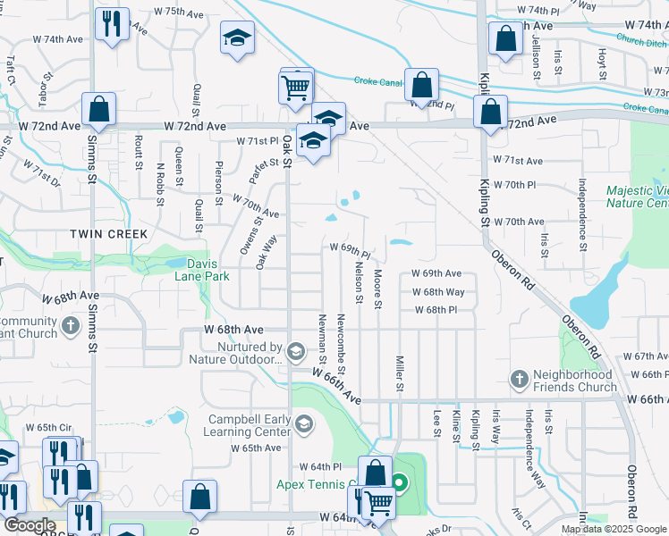 map of restaurants, bars, coffee shops, grocery stores, and more near 6907 Newcombe Street in Arvada