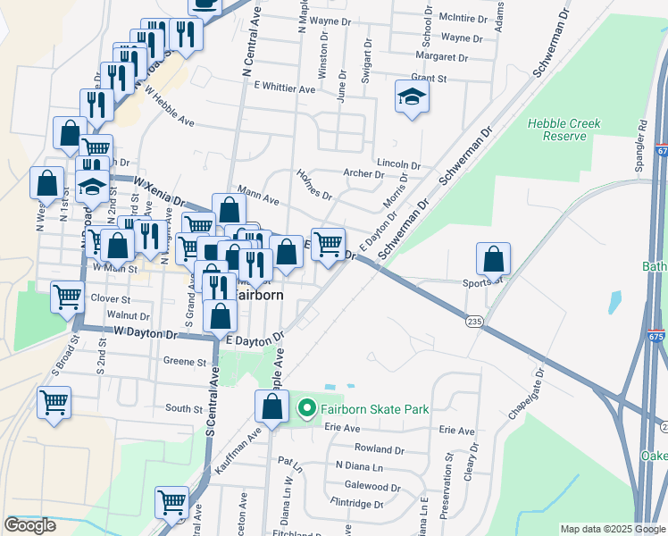 map of restaurants, bars, coffee shops, grocery stores, and more near 330 East Dayton Drive in Fairborn