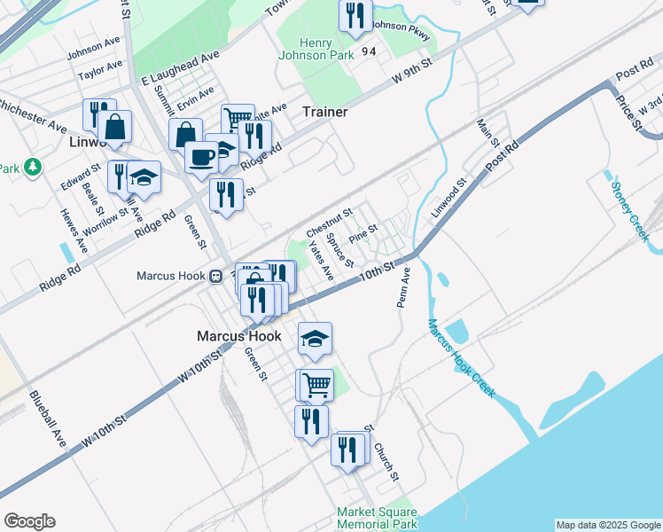 map of restaurants, bars, coffee shops, grocery stores, and more near 1011 Yates Avenue in Marcus Hook