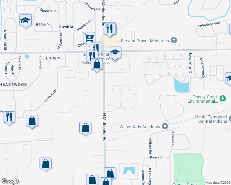 map of restaurants, bars, coffee shops, grocery stores, and more near 10059 John Marshall Drive in Indianapolis