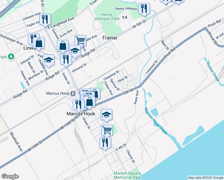 map of restaurants, bars, coffee shops, grocery stores, and more near 1011 Yates Avenue in Marcus Hook