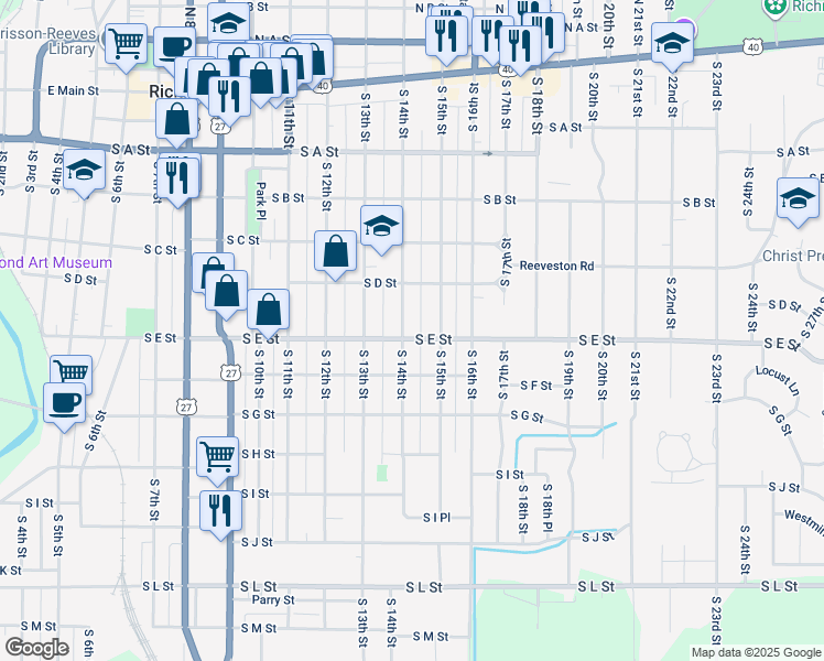 map of restaurants, bars, coffee shops, grocery stores, and more near 442 1/2 South 14th Street in Richmond