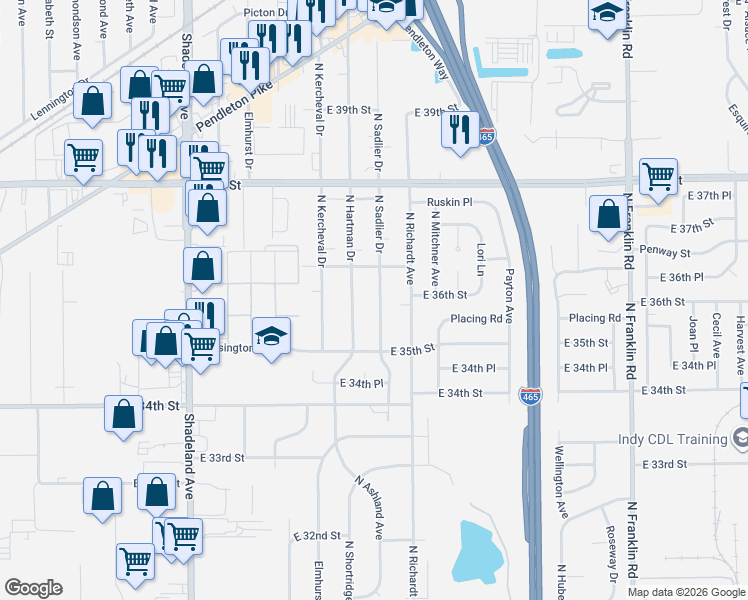 map of restaurants, bars, coffee shops, grocery stores, and more near 3645 North Hartman Drive in Indianapolis