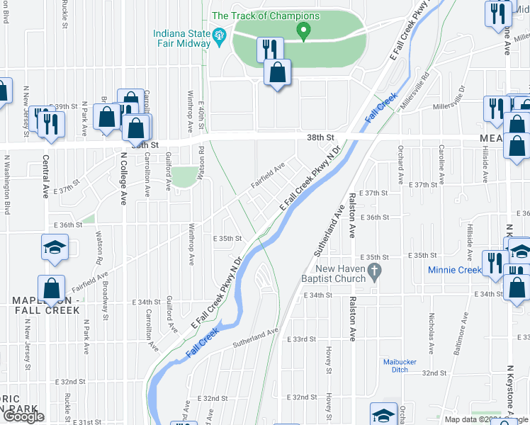 map of restaurants, bars, coffee shops, grocery stores, and more near 3620 East Fall Creek Parkway North Drive in Indianapolis