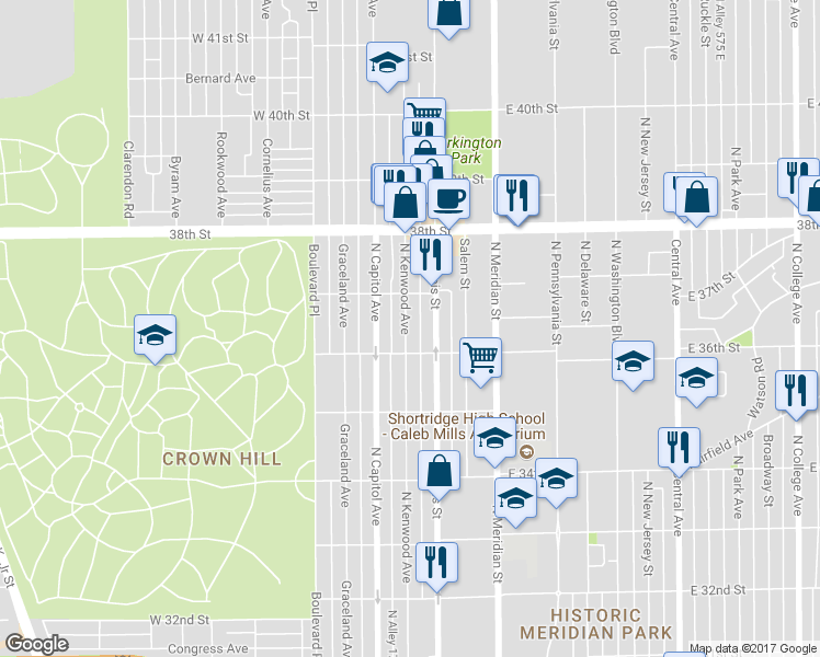 map of restaurants, bars, coffee shops, grocery stores, and more near 3629 North Kenwood Avenue in Indianapolis