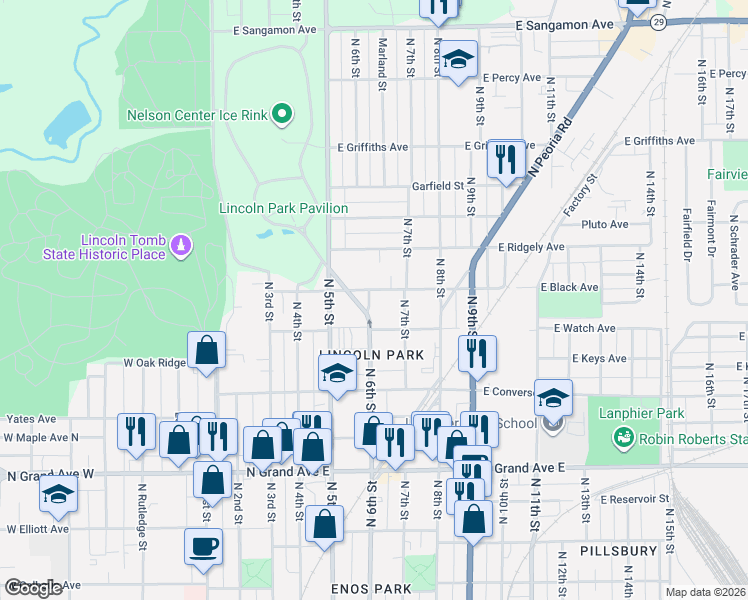 map of restaurants, bars, coffee shops, grocery stores, and more near 1511-1599 North 6th Street in Springfield