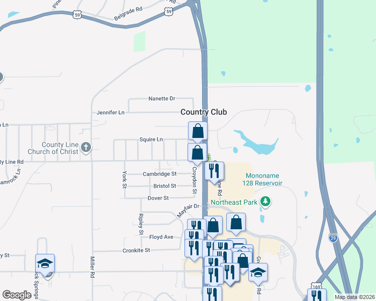 map of restaurants, bars, coffee shops, grocery stores, and more near 6111-61 Pinto Lane in Country Club